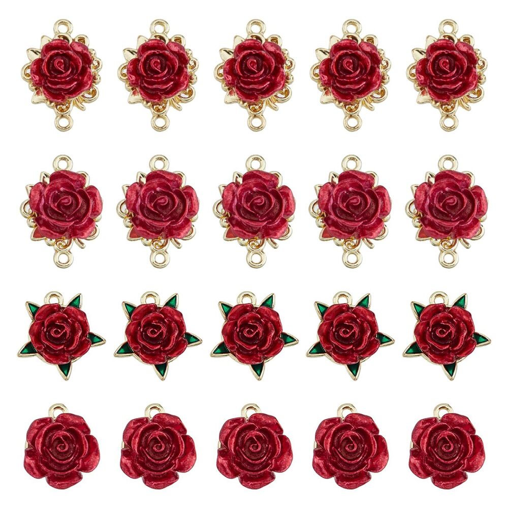 9291 32Pcs 4 Style Romantic Red Rose Charms Bulk Valentine Rose Connector